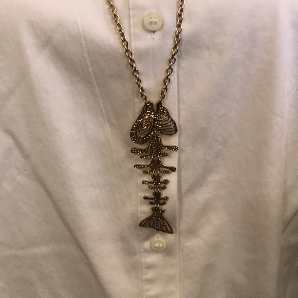 Fish skeleton necklace, gold tone. Unique piece. - Picture 1 of 11